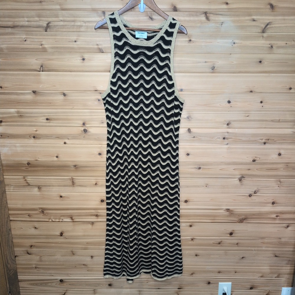 Old Navy Womens XXL Black Tan Wavy‎ Chevron Crochet Knit Sleeveless Maxi Dress